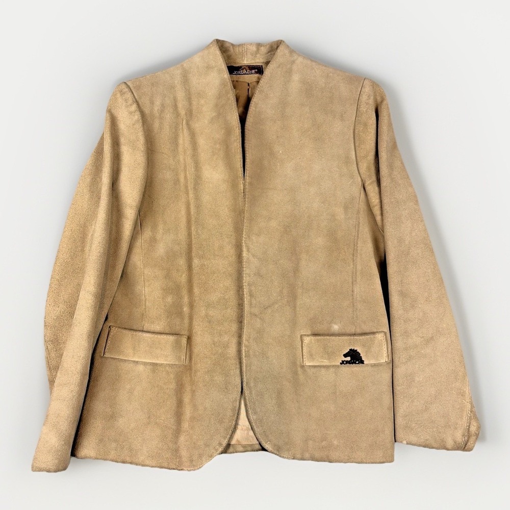 Jordache Suede Blazer Womens M Tan Vintage Collarless Open Front Coat